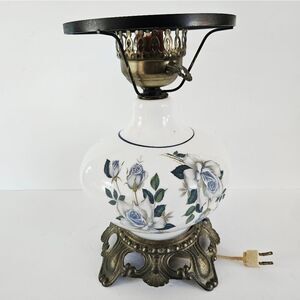 Vintage Gone With The Wind Style White Glass Blue Floral Painted Hurricane Lamp